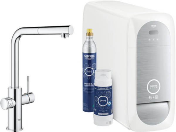 Spültischmischer Grohe Blue Home Starter Kit, herausz. L-Auslauf chrom mit Filter S-Size, CO2 Flasche und Kühler