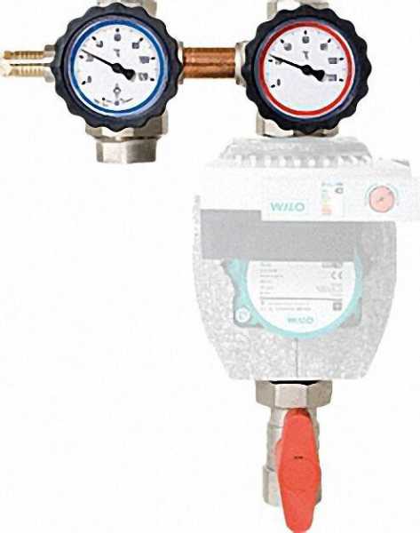 Heizkreisset 1'' mit Bypass Vorlauf rechts mit ÜWM und Thermometer rot/blau