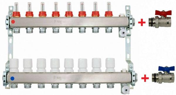 Heizkreisverteiler aus Edelstahl für Fußbodenheizung Profi-Ausführung 8-fach, mit 2x Kugelhähne 1" IG-AG