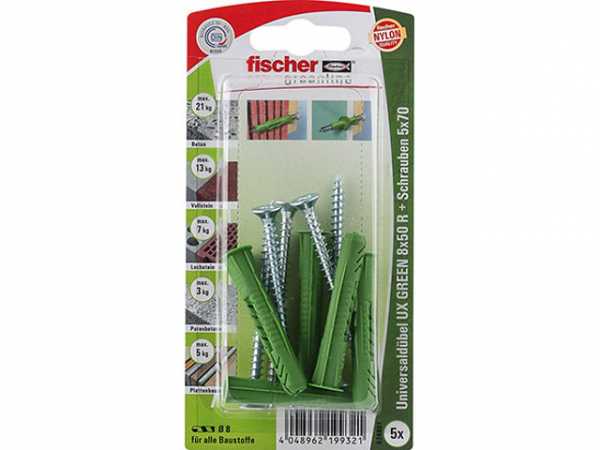 Fischer Universaldübel UX GREEN 8x50 R S mit Rand und Schraube, 524807 SB-Programm