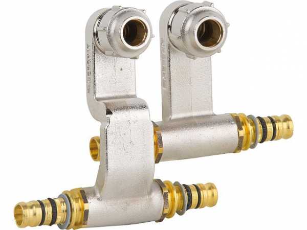 Mepla T-Stück Set für Sockelsysteme Vor- und Rücklauf d16xDN20(3/4")xd16 mit Anschlussverschraubung zu Eurokonus Messing
