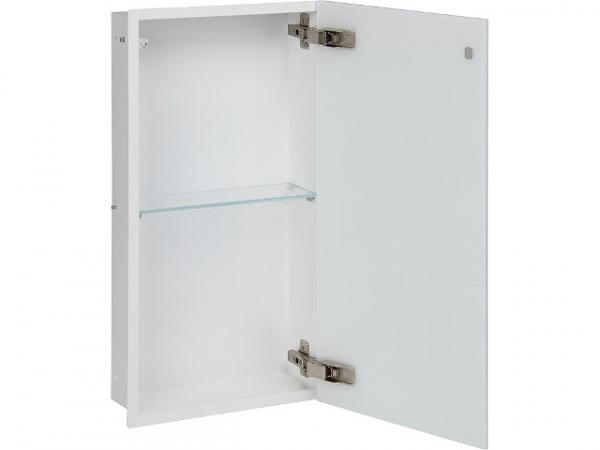 Edelstahl Unterputz Wandcontainer, 1 weiße Glastür, 2 Fächer, Tiefe 150 mm, BxH 323x625 mm Edelstahl-Wandeinbaucontainer
