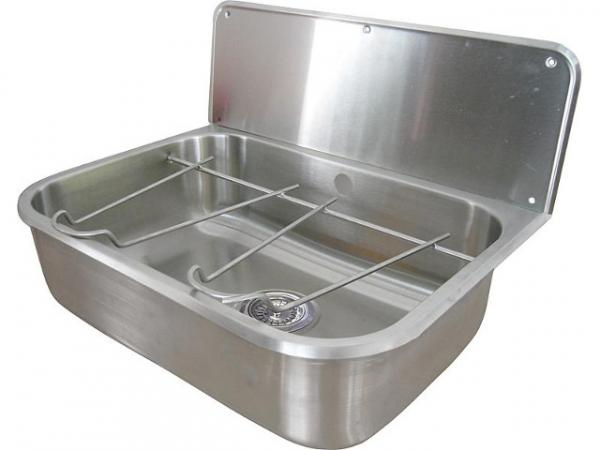 Ausgussbecken aus Edelstahl mit Spritzrückwand und Klapprost, 565x405 mm