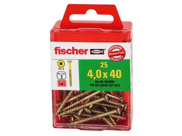 Fischer Spanplattenschrauben Power-Fast, 3,0x30, Senkkopf, gelbverzinkt, Vollgewinde Kreuzschlitz PZ, 653925, VPE 50 Stück