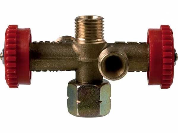 3-fach Abzweigventil G 1/4'' LH-Überwurfmutter x (3x) G 1/4'' LH-KN mit 2 absperrbaren Abgängen
