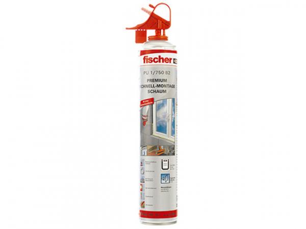 Fischer Hochwertige Schnell Montageschaum PU 1/750 B2 45 Liter inkl. Schutzhandschuhe 1K-Fix-Adapter 53080, 1 Stück