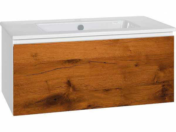 Waschtischunterschrank mit Keramik-Waschtisch Serie ELA Korpus weiß smt-Front Eiche- Furnier dunkel, 910x420x510mm