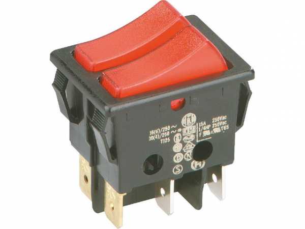 Wipp-Schalter mit roter Kontroll-Lampe 30x22mm, 2x1 -polig