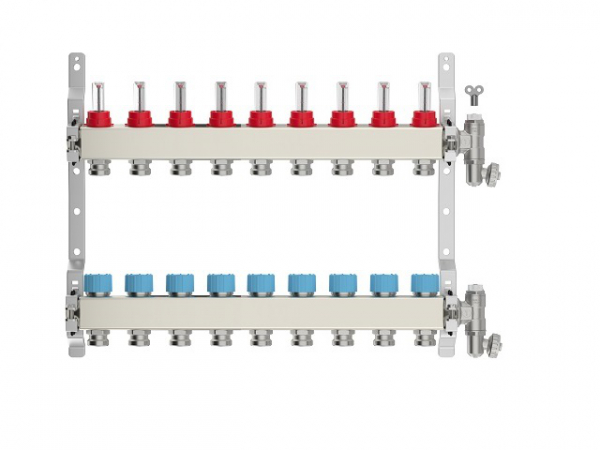 Heizkreisverteiler 9-fach, Edelstahl für Fußbodenheizung Profi-Ausführung
