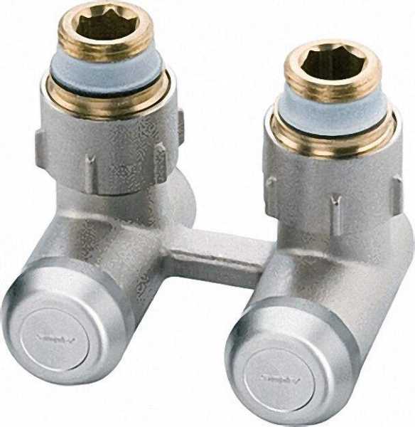 SIMPLEX Zweirohr-Hahnblock EV-A Eck vernickelt 15mm mit Nippel 3/4x1/2''AG