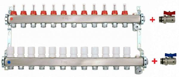 Heizkreisverteiler aus Edelstahl für Fußbodenheizung Profi-Ausführung 12-fach, mit 2x Kugelhähne 1" IG-AG