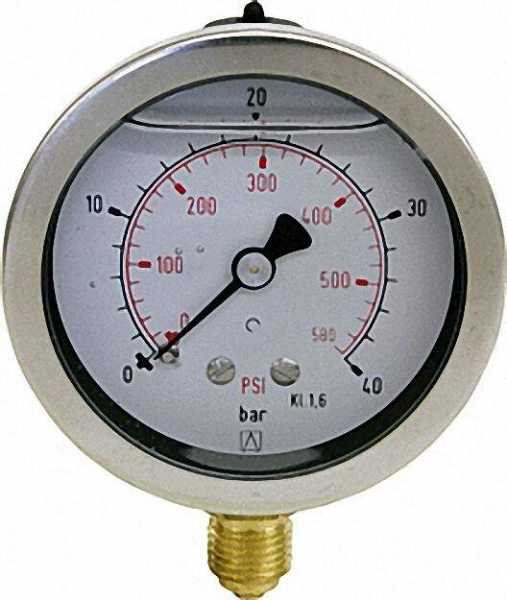 Manometer mit Glyzerinfüllung Druckbereich: 0-40 bar, Gehäuse 63mm Anschluss: 1/4'' unten