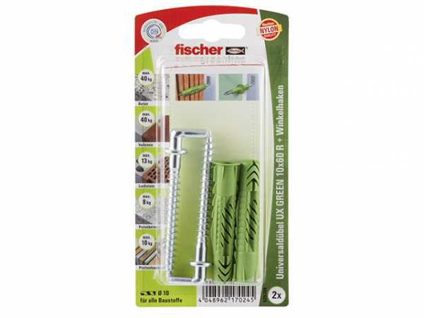 Fischer Universaldübel UX GREEN 10x60 R WH mit Rand und Winkelhaken, 520709 SB-Programm