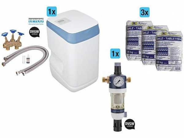 LEYCO Enthärtungsanlagenpaket mit LEYCOsoft 9, Hauswasserstation, Siede-Tablettensalz 75kg
