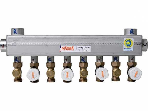 MAGRA 10240600816 Edelstahl-Heizkreisverteiler 60/60 für Fußbodenheizung und Heizkörper mit montierten Ventilen 8 Heizgruppen