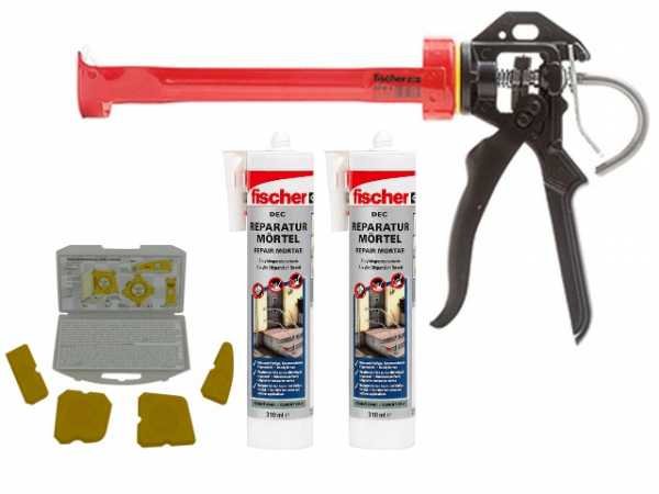 Fischer Reparaturmörtel Express Cement mit Kartuschenpistole und Fugenglättersatz