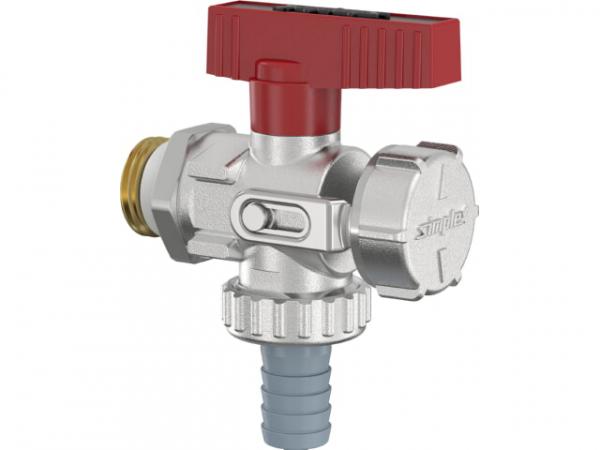 Simplex KFE Kugelhahn Eckform DN15 1/2" AG mit mit Schlauchverschraubung, rotem Flügelgriff, selbstdichtend mit Gewindeeinschneiddichtung