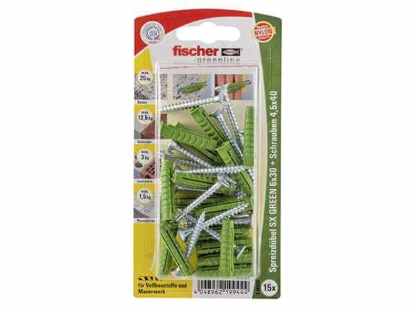 Fischer Spreizdübel SX GREEN 6x30 S mit Schraube, 524820 SB-Programm