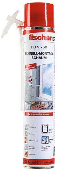 Fischer Schnellmontageschaum PU S 750 ml, B2, 1K-Standard-Adapter Brunnenschaum Bauschaum Fugenschalldämmung, 40301