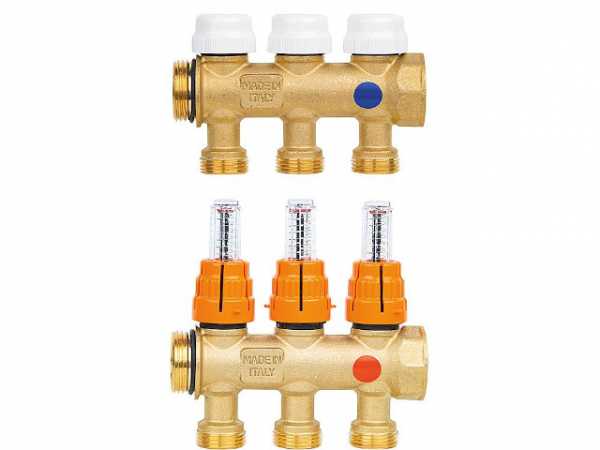 Heizkreisverteiler Messing 3 Heizkr., m. Durchflussmesser DN25 (1'), erweiterbar