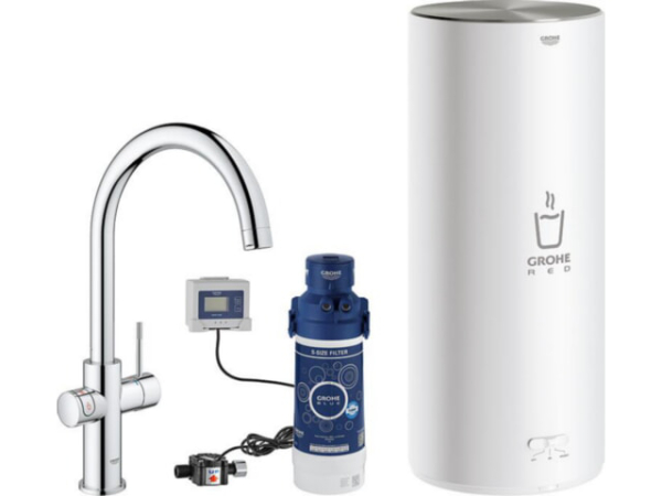 Spültischmischer Grohe Red Dou, C-Auslauf chrom mit Boiler L und Filter S-Size Starter Set