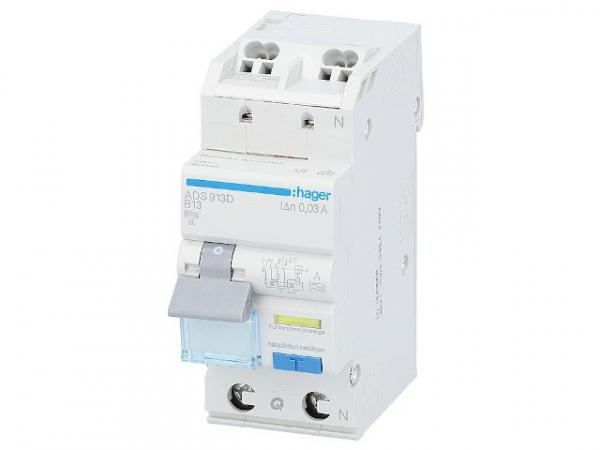 FI/LS-Schutzschalter Hager 1p+N,Typ A,B13A,30mA,6 kA, ADS913D,QuickConnect