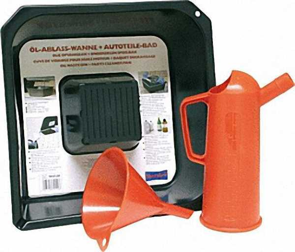 Ölablasswannen-Set, Inhalt: Ölablasswanne, Plastiktrichter und Plastik-Messbecher
