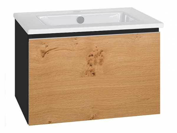 Waschtischunterschrank mit Keramik-Waschtisch Serie ELA Korpus schwarz smt-Front Eiche Furnier hell 610x420x510mm