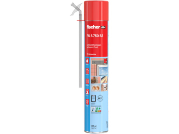 Fischer Schnellmontageschaum PU S 750 ml, B2, 1K-Standard-Adapter Brunnenschaum Bauschaum Fugenschalldämmung, 40301