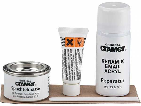 Email-Reparatur-Set, weiss mit Spachtelmasse 30g, Spachtel, Härter 8g und Email-Spray