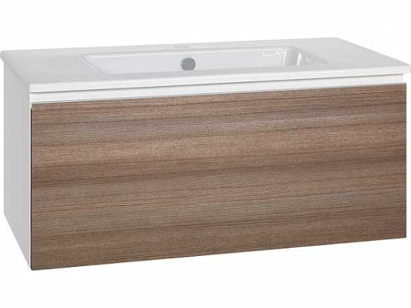 Waschtischunterschrank mit Keramik-Waschtisch Serie ELA Korpus weiß smt-Front Teak 910x420x510mm