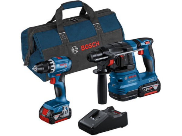 Akku-Set Bosch 2-teilig 18V, Bohrschrauber GSR 18V-45, Bohrhammer GBH 18V-22, und 2x 4,0 Ah Akkus, Ladegerät und Transporttasche