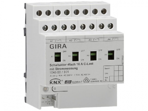 GIRA Schaltaktor 4-fach 16A mit Handbetätigung und Strommessung für C-Lasten KNX REG