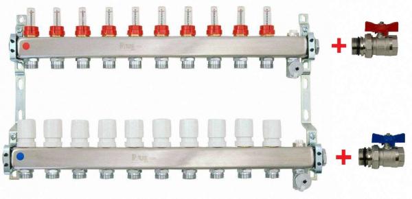 Heizkreisverteiler aus Edelstahl für Fußbodenheizung Profi-Ausführung 10-fach, mit 2x Kugelhähne 1" IG-AG