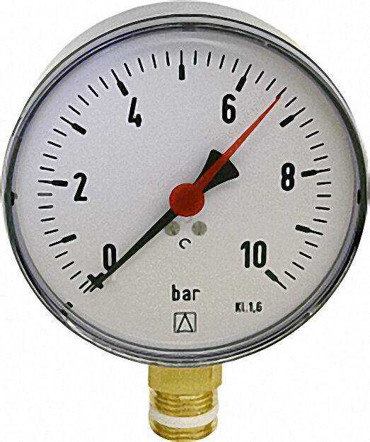 Rf Manometer 100 radial 0-10 bar, Anschluss 1/2'' radial (unten) Rf Manometer 100 radial 0-10 bar, Anschluss 1/2'' radial (unten)