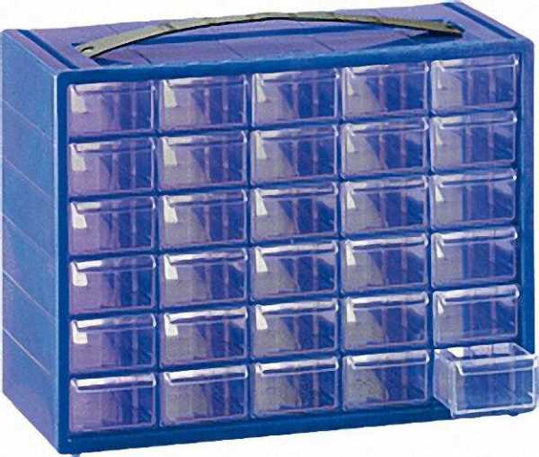 Kleinteilemagazin blau mit 30 Schubladen b=365mm, h=270mm, t=150mm