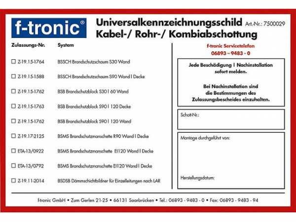 Universalkennzeichnungsschild BSKS F-Tronic